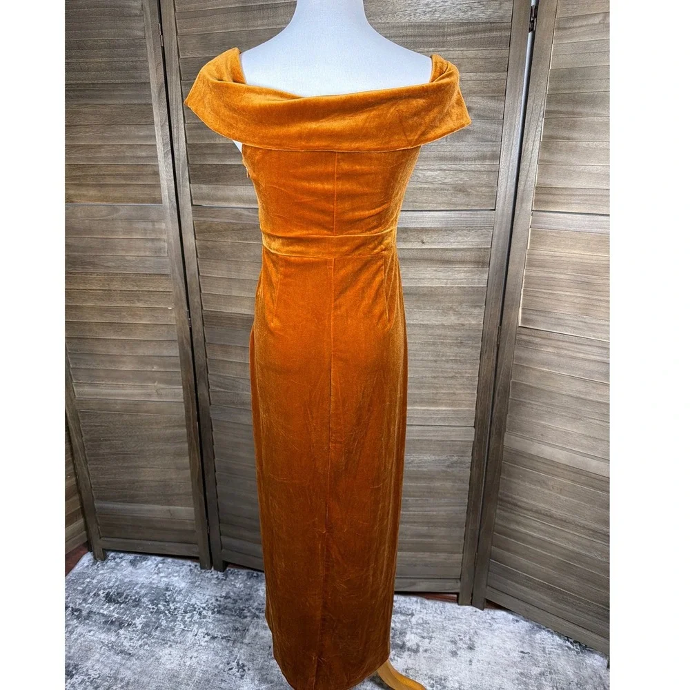 Lulus Rust Orange Velvet Off The Shoulder Maxi Dress Small Pleated Tulip Gown - Picture 5 of 10